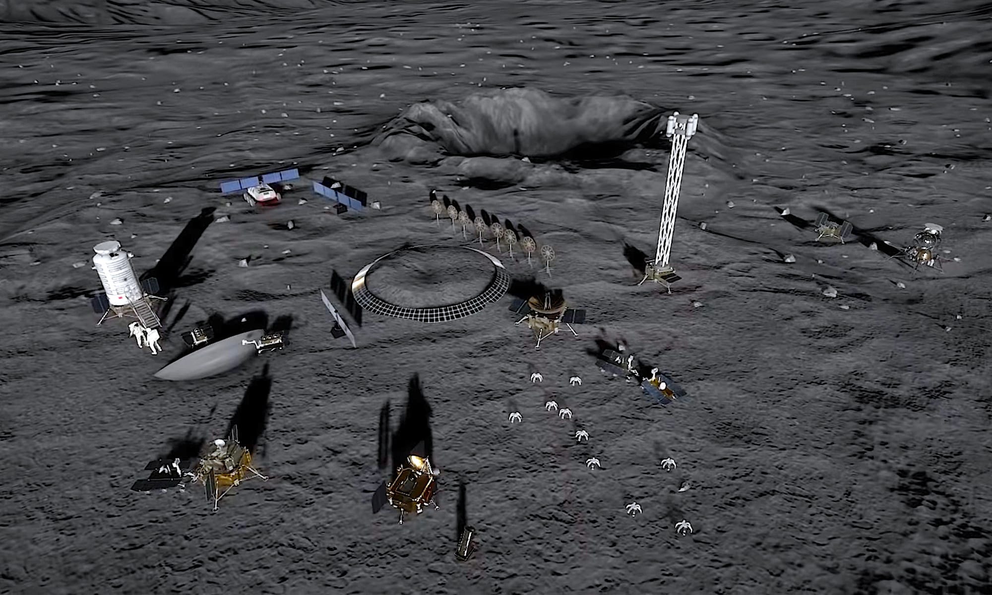 An illustration showing the Moon’s surface being explored by a host of landers, rovers, and humans. Seen scattered is accompanying infrastructure like solar power and communications towers.