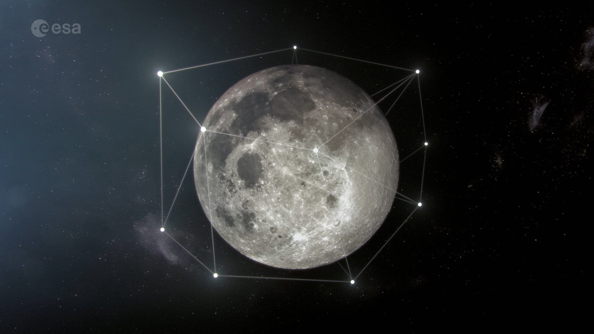 A graphic from ESA showing our Moon and many points spread in orbit around it which represent a constellation of satellites.