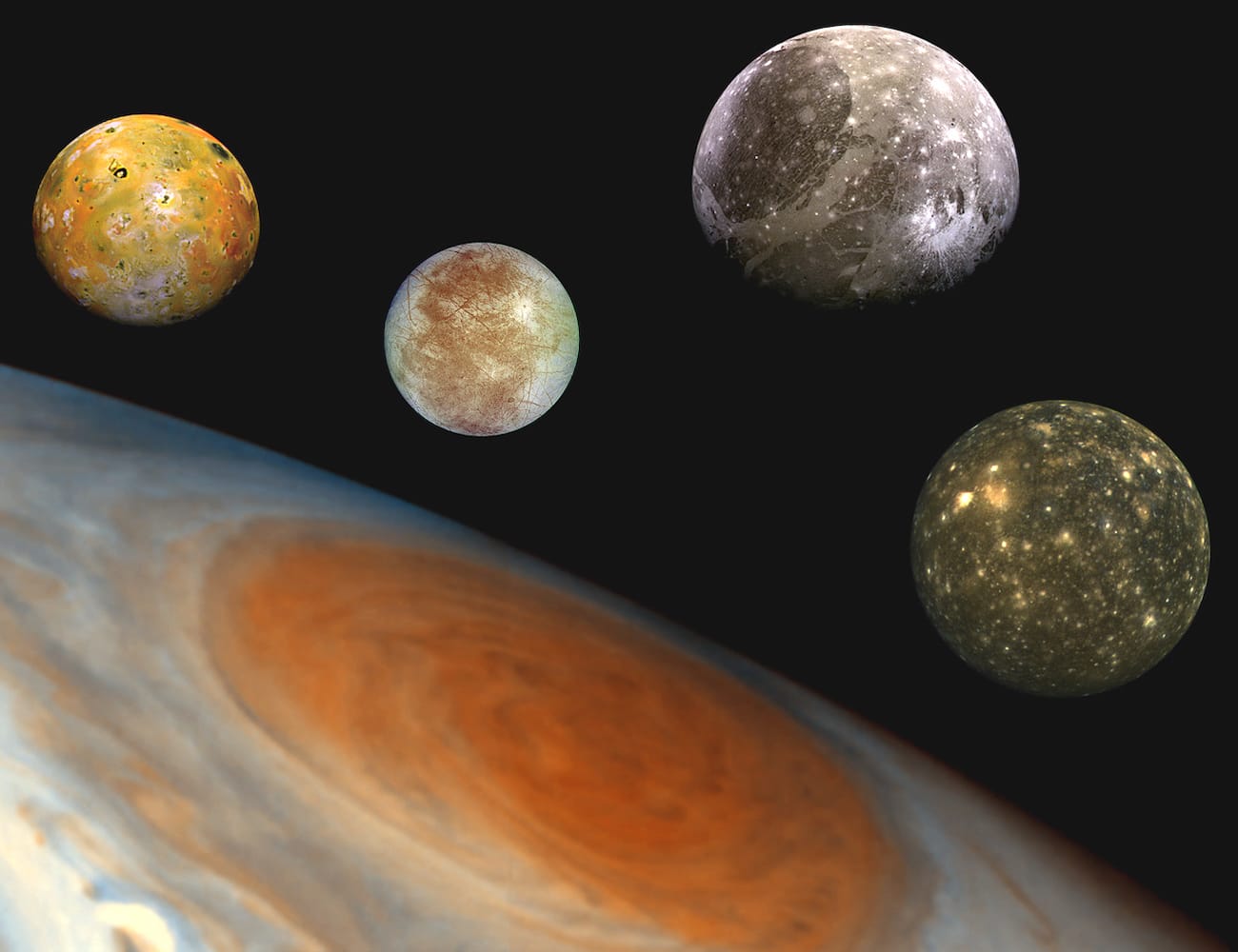 The four Galilean moons of Jupiter displayed as a portrait above the planet’s largest storm, the Great Red Spot.