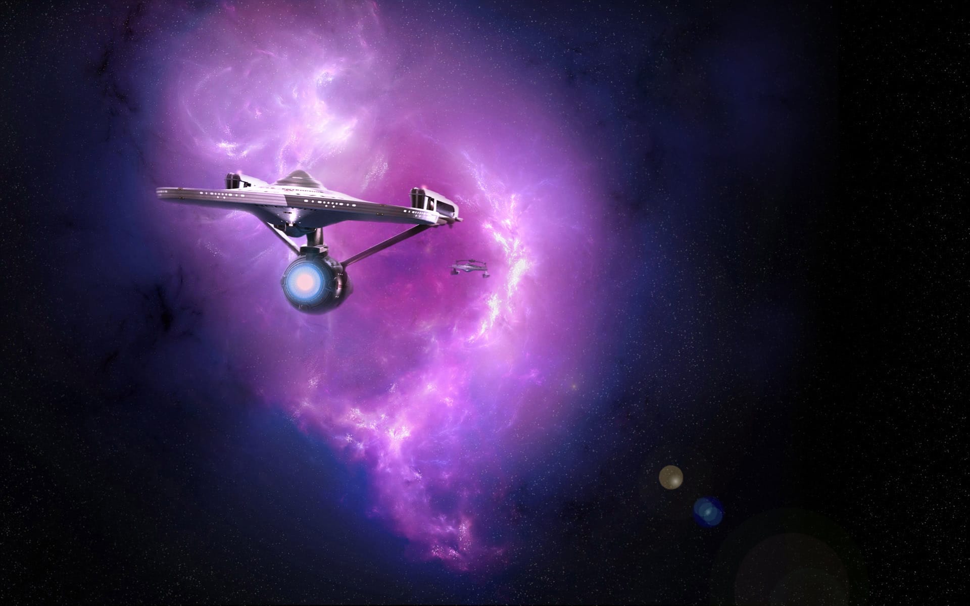 An illustration showing a futuristic starship near a bright pink nebula with a violet border.